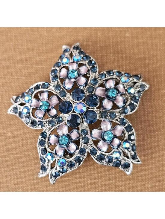 Other - Vintage Blue Rhinestone Flower Brooch Silver Tone Layered Petal Aurora Borealis